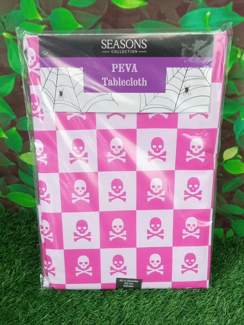 👻 Halloween Pink Skull & Crossbones PEVA Round Tablecloth